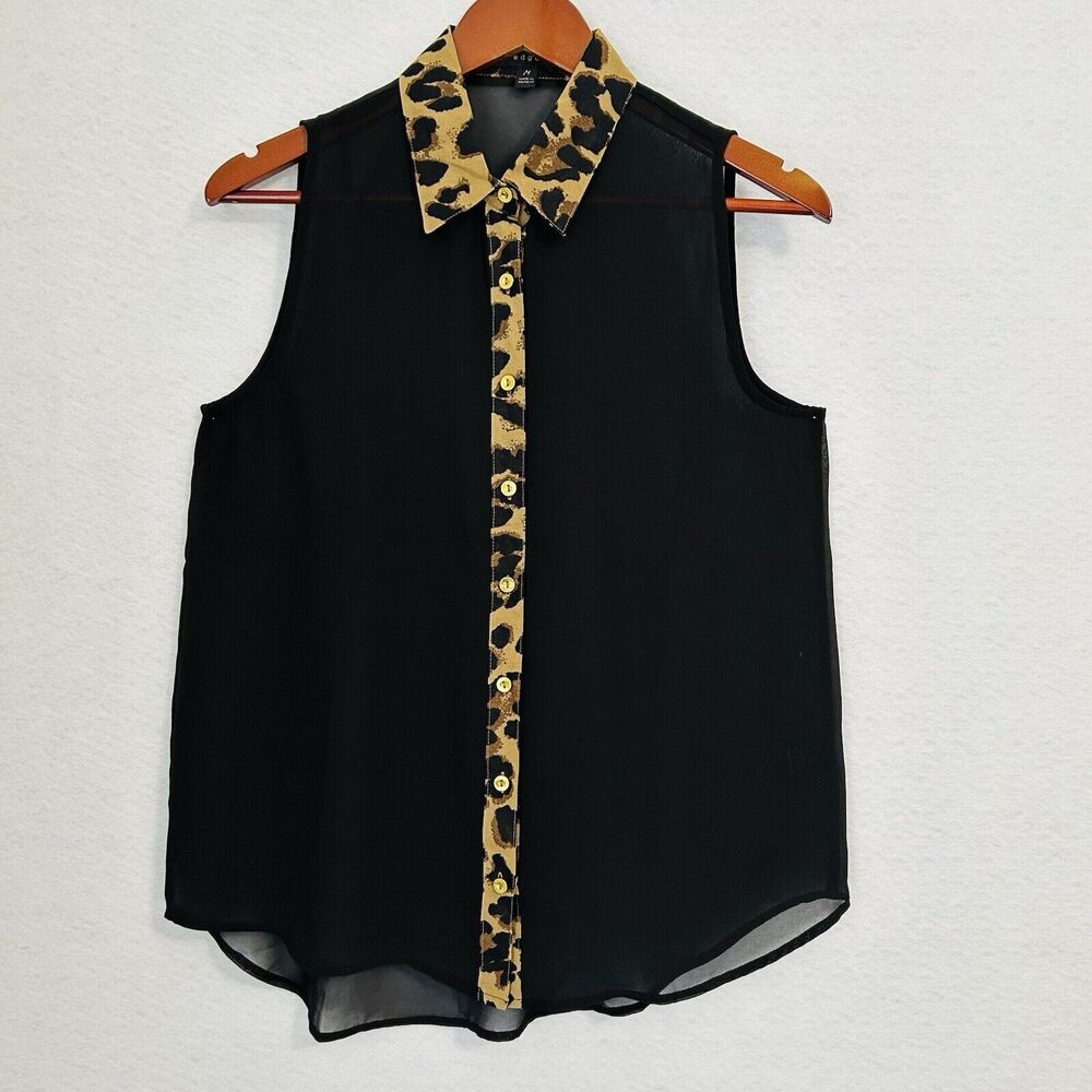 Edge Top Women M Black Leopard Gold Button Sheer Collar Office Party Maximalist - Picture 11 of 12